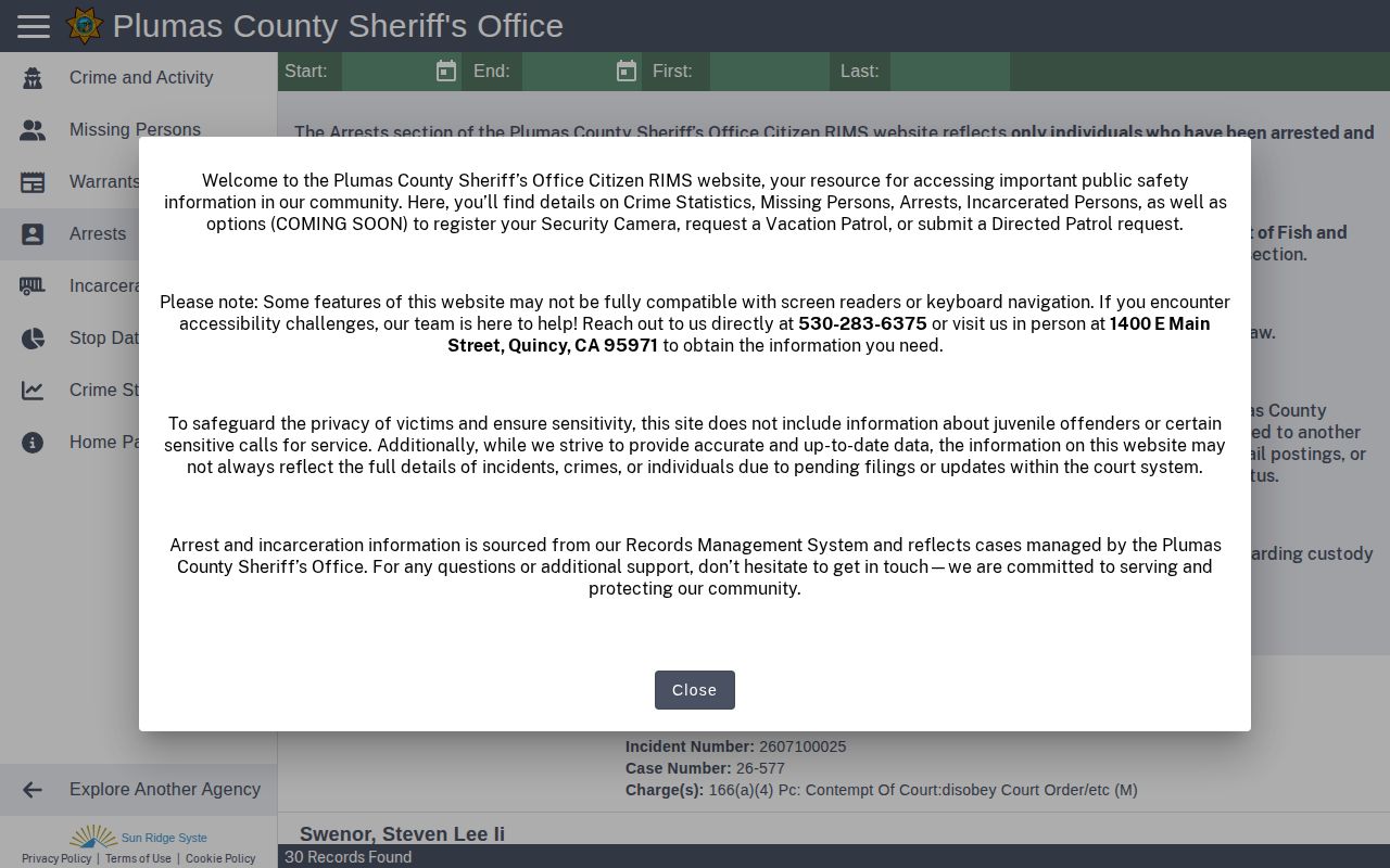 Plumas County Citizen RIMS Arrests route for recent release lookup
