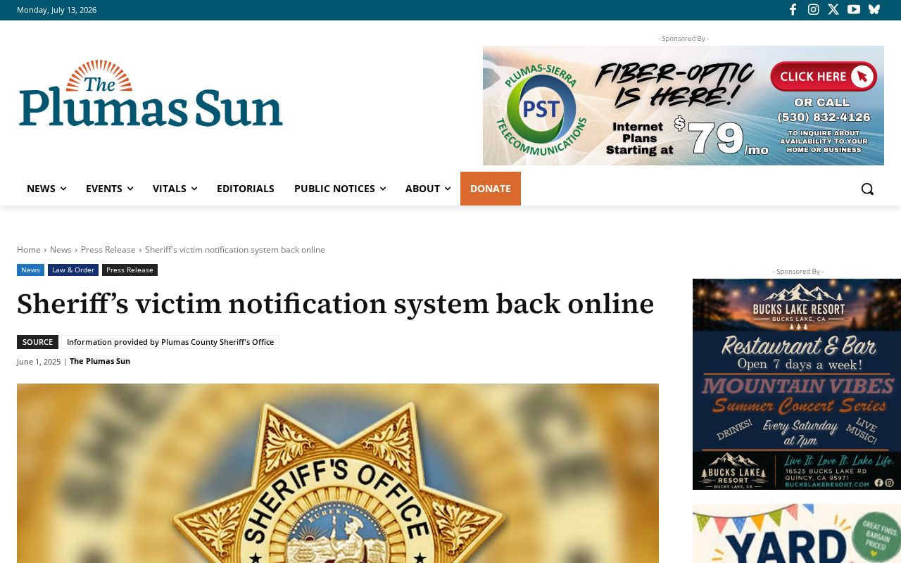 Plumas County 72 hour release VINELink notification source