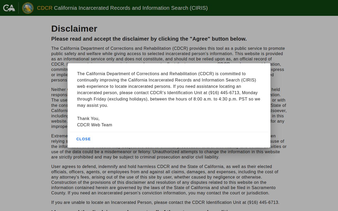CDCR CIRIS search for Plumas County released inmate and state custody records